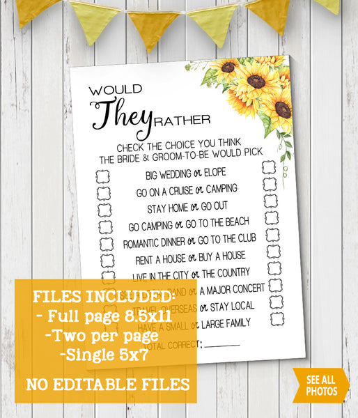 Would They Rather? Bridal Shower game, Ready to Print, sunflower country chic G 104-20