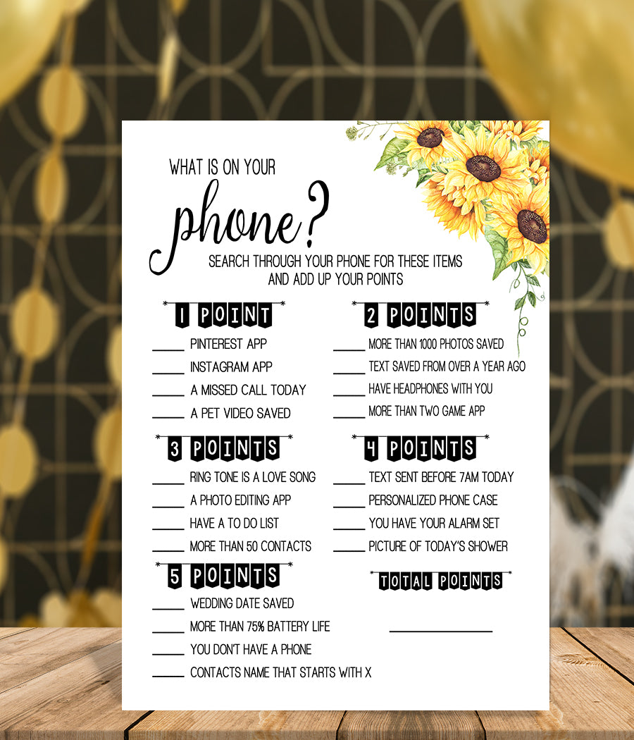 what-is-on-your-phone-bridal-shower-game-ready-to-print-sunflower-c-designsplusmore for Free Printable Bridal Shower Games What S In Your Phone What is on your phone? Bridal Shower game, Ready to Print, sunflower c – designsplusmore for Free Printable Bridal Shower Games What S In Your Phone