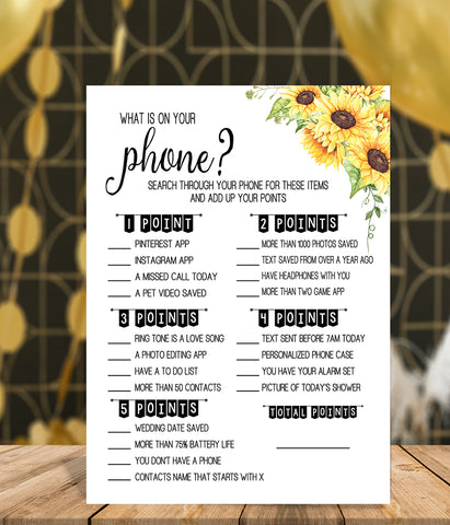 What is on your phone? Bridal Shower game, Ready to Print, sunflower country chic G 104-22