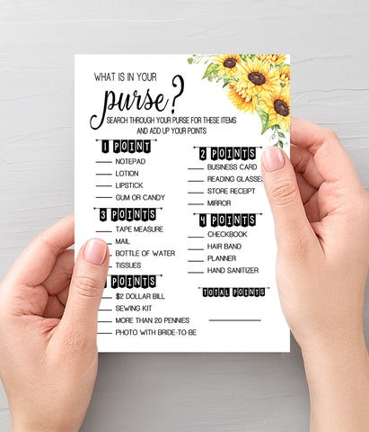 What is in your Purse? Bridal Shower game, Ready to Print, sunflowers country chic G 104-23