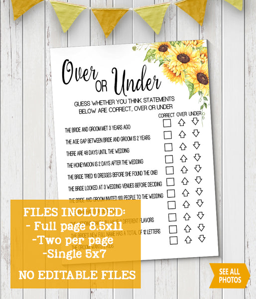 Over or Under Bridal Shower, Ready to Print, sunflowers country chic G 104-24