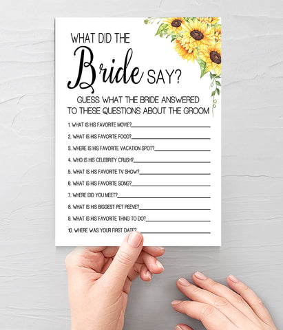 What did the Bride Say Bridal Shower game, Ready to Print, sunflower country chic G 104-26