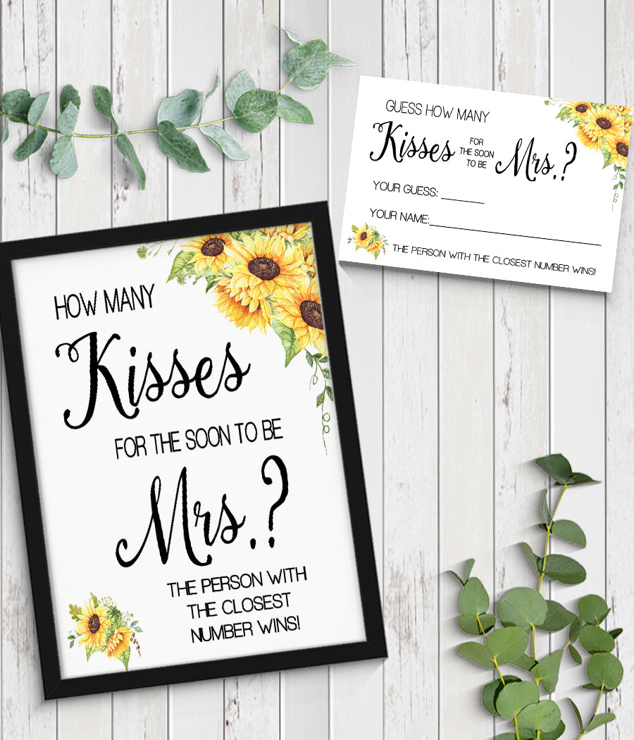 How many Kisses for the soon to be Mrs Bridal Shower Game, Ready to Print, sunflowers country chic G 104-27