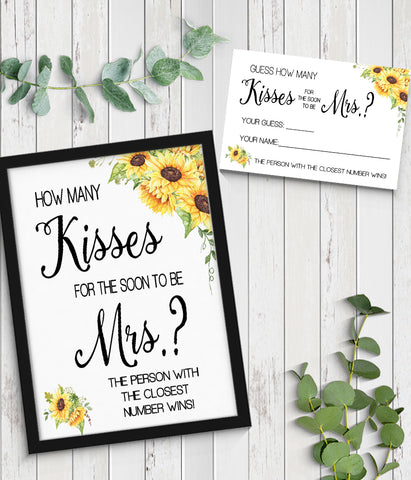 How many Kisses for the soon to be Mrs Bridal Shower Game, Ready to Print, sunflowers country chic G 104-27