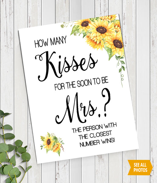 How many Kisses for the soon to be Mrs Bridal Shower Game, Ready to Print, sunflowers country chic G 104-27