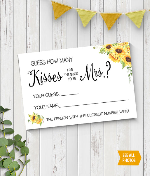 How many Kisses for the soon to be Mrs Bridal Shower Game, Ready to Print, sunflowers country chic G 104-27