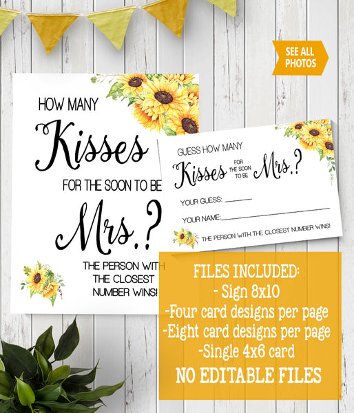 How many Kisses for the soon to be Mrs Bridal Shower Game, Ready to Print, sunflowers country chic G 104-27