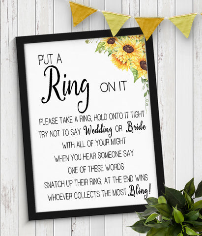 Put a Ring on it Bridal Shower Game, Ready to Print, sunflowers country chic G 104-28