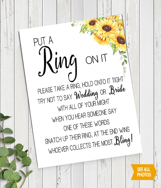 Put a Ring on it Bridal Shower Game, Ready to Print, sunflowers country chic G 104-28