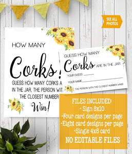 Guess how many corks Bridal Shower Game, Ready to Print, sunflowers country chic G 104-31