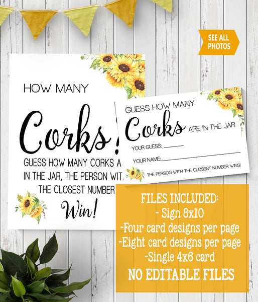 Guess how many corks Bridal Shower Game, Ready to Print, sunflowers country chic G 104-31