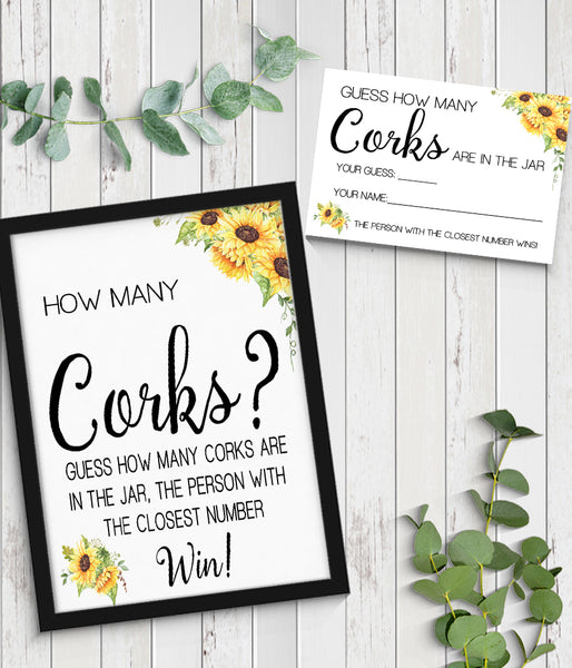 Guess how many corks Bridal Shower Game, Ready to Print, sunflowers country chic G 104-31