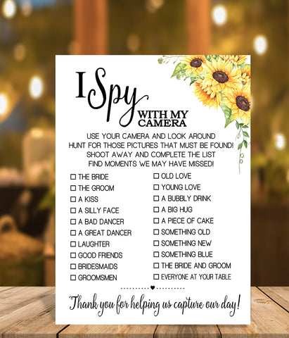 I Spy with my camera Wedding Reception activity game, Ready to Print, sunflowers country chic G 104-37