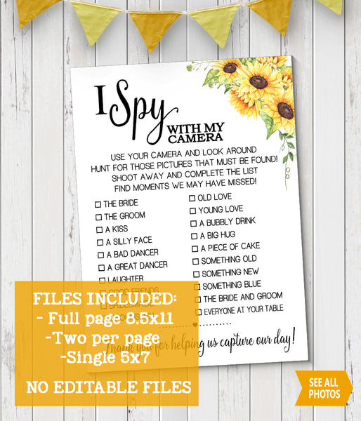 I Spy with my camera Wedding Reception activity game, Ready to Print, sunflowers country chic G 104-37