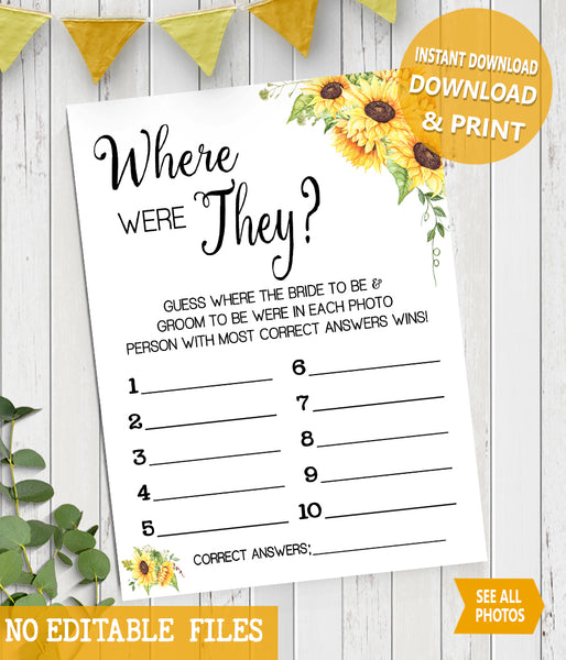 Where were They Bridal Shower Game, Ready to Print, sunflower country chic G 104-44