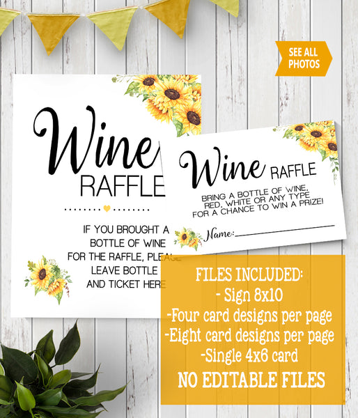 Wine Raffle bring a bottle Bridal Shower Game, Ready to Print, sunflower country chic G 104-50