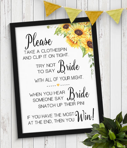 The Clothespin Bridal Shower Game, Ready to Print, sunflower country chic G 104-55