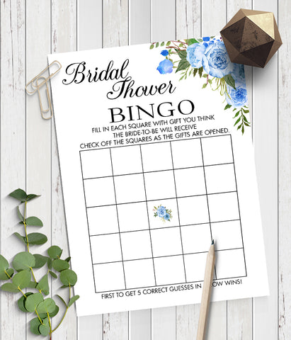 Bridal Shower Bingo Game, Ready to Print, blue floral boho chic G 105-01