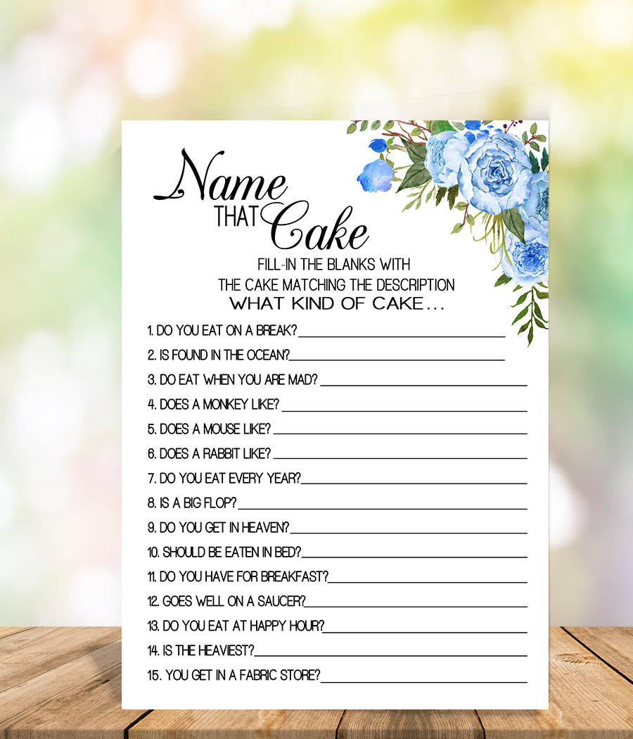 Name that Cake Bridal Shower game, Ready to Print, blue floral boho chic G 105-02