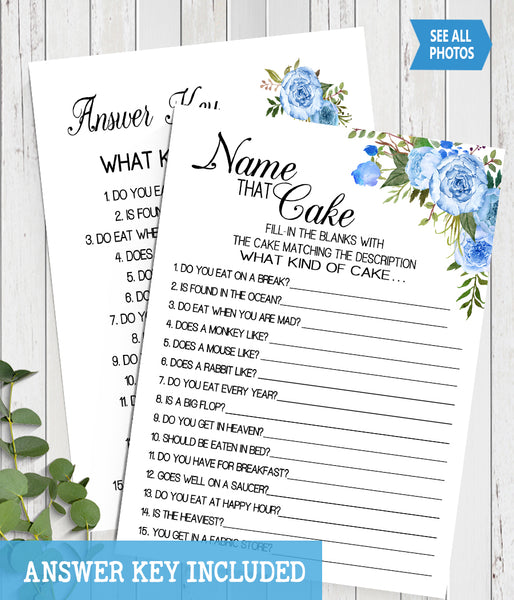 Name that Cake Bridal Shower game, Ready to Print, blue floral boho chic G 105-02