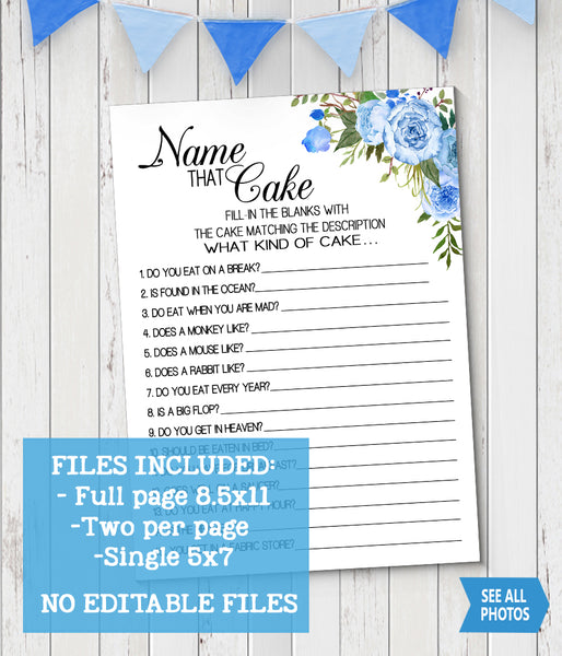 Name that Cake Bridal Shower game, Ready to Print, blue floral boho chic G 105-02