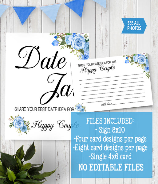 Date Jar ideas for Couple Bridal Shower Game, Ready to Print, blue floral boho chic G 105-03