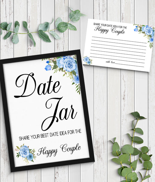 Date Jar ideas for Couple Bridal Shower Game, Ready to Print, blue floral boho chic G 105-03