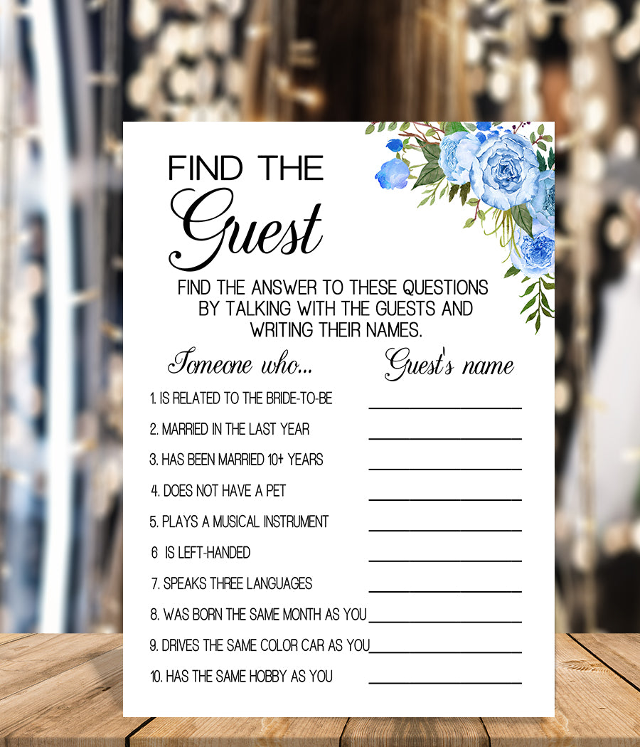 Find the Guest Bridal Shower game, Ready to Print, blue floral boho chic G 105-05