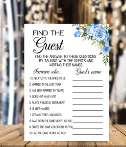 Find the Guest Bridal Shower game, Ready to Print, blue floral boho chic G 105-05