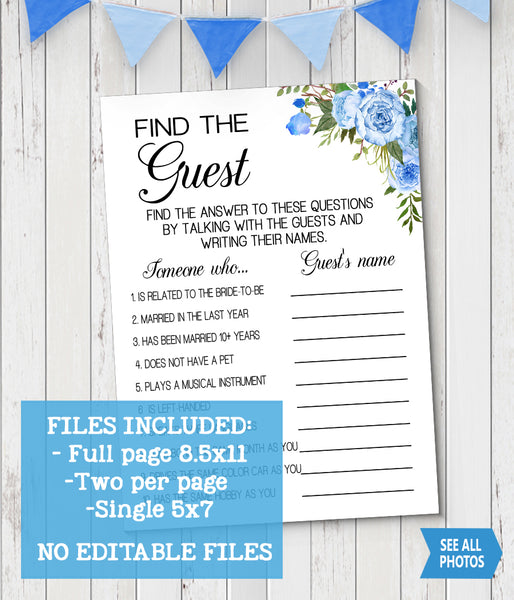 Find the Guest Bridal Shower game, Ready to Print, blue floral boho chic G 105-05