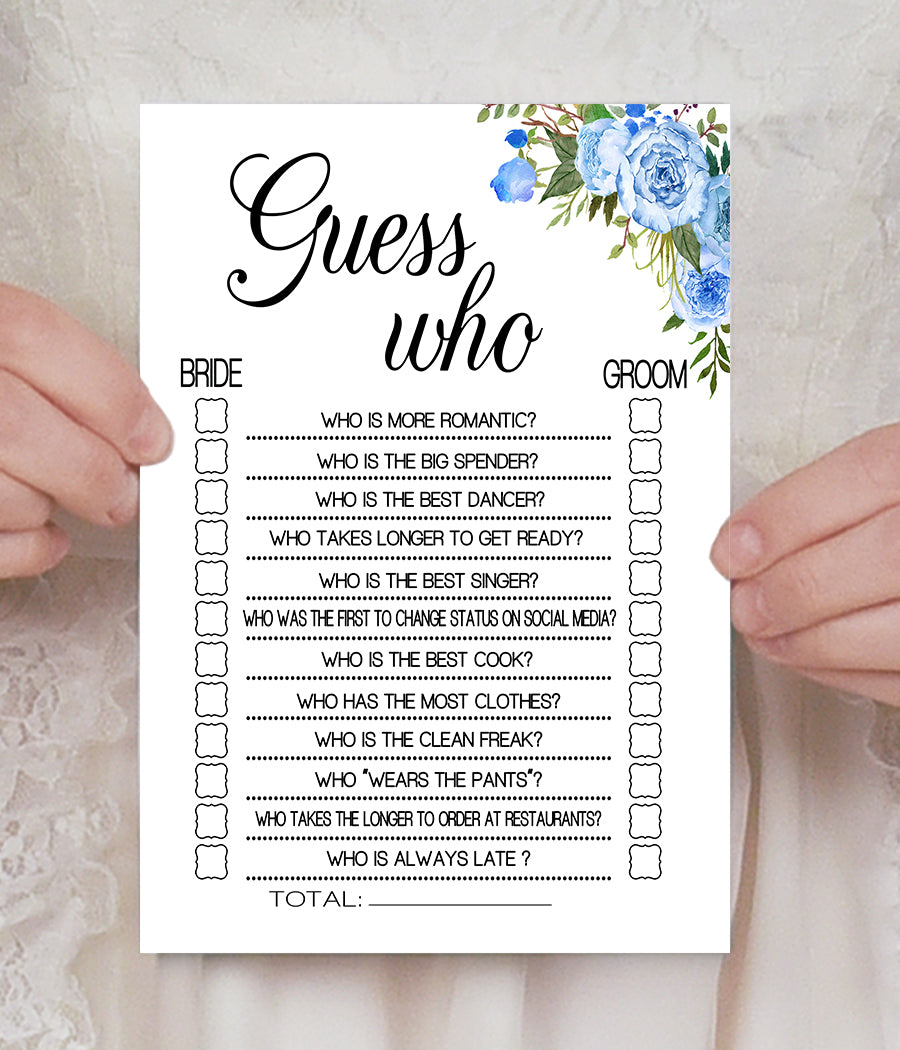 Guess Who Bridal Shower game, Ready to Print, blue floral boho chic G 105-06