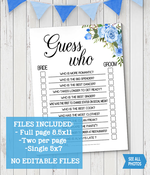 Guess Who Bridal Shower game, Ready to Print, blue floral boho chic G 105-06