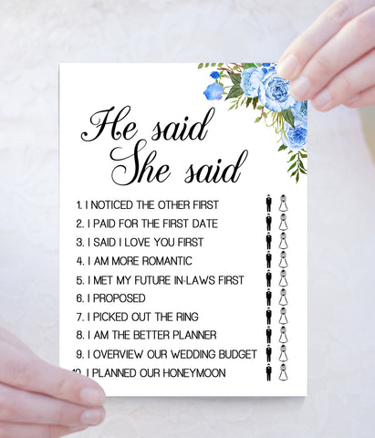 He said She said Bridal Shower game, Ready to Print, blue floral boho chic G 105-07