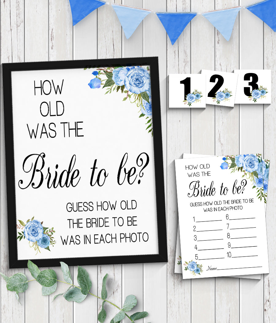 How Old was the Bride to Be Bridal Shower Game, Ready to Print, blue floral boho chic G 105-08