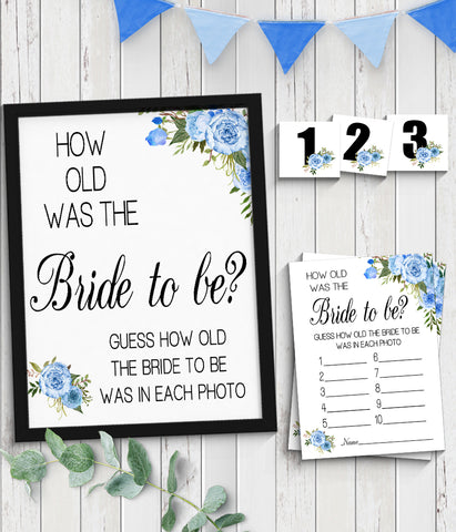 How Old was the Bride to Be Bridal Shower Game, Ready to Print, blue floral boho chic G 105-08