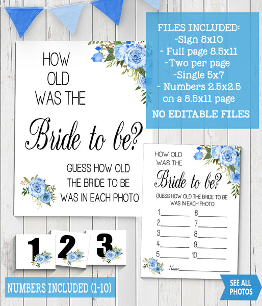 How Old was the Bride to Be Bridal Shower Game, Ready to Print, blue floral boho chic G 105-08