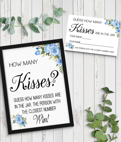 Guess how many Kisses Bridal Shower Game, Ready to Print, blue floral boho chic G 105-09