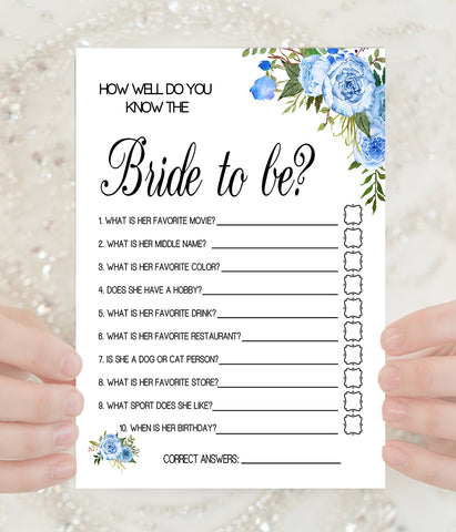 How well do you know the Bride Bridal Shower, Ready to Print, blue floral boho chic G 105-10