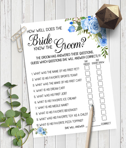 How well does Bride know Groom Bridal Shower game, Ready to Print, blue floral boho chic G 105-11