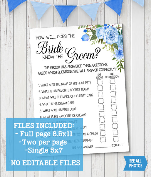 How well does Bride know Groom Bridal Shower game, Ready to Print, blue floral boho chic G 105-11