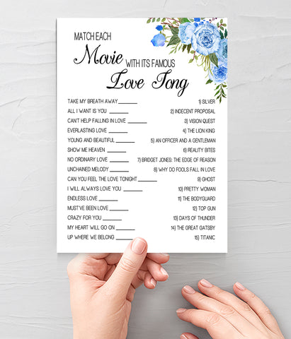 Match Movie with love song Bridal Shower game, Ready to Print, blue floral boho chic G 105-12