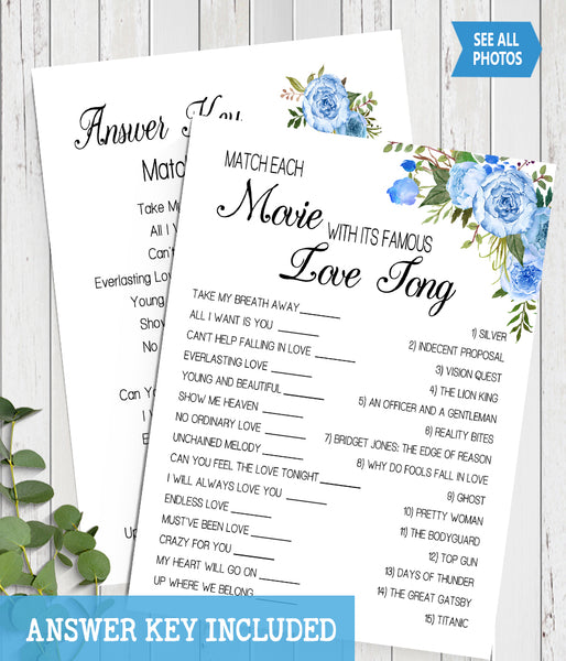 Match Movie with love song Bridal Shower game, Ready to Print, blue floral boho chic G 105-12
