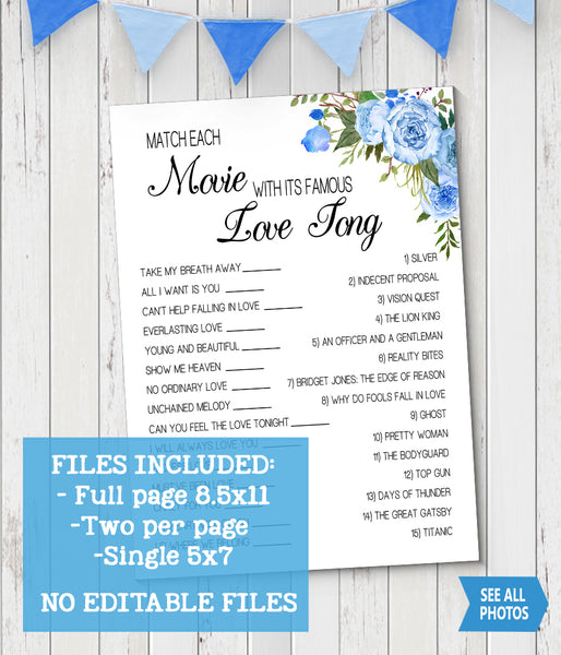 Match Movie with love song Bridal Shower game, Ready to Print, blue floral boho chic G 105-12