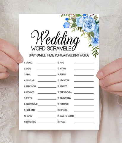 Wedding word scramble bridal shower game, Ready to Print, blue floral boho chic G 105-14