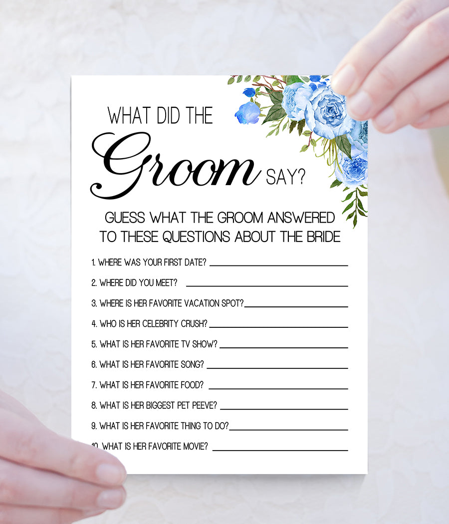 What did the Groom say Bridal Shower game, Ready to Print, blue floral boho chic G 105-15