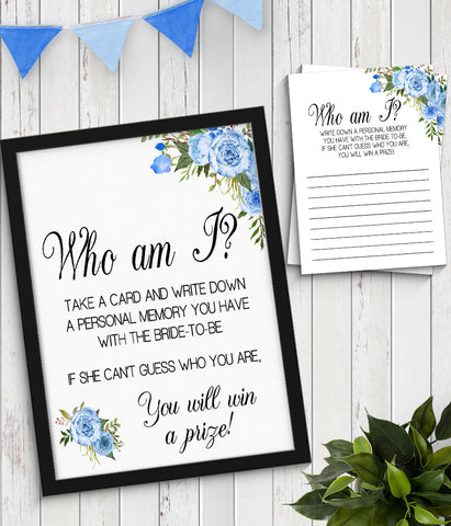 Who I am? Bridal Shower Game, Ready to Print, blue floral boho chic G 105-16