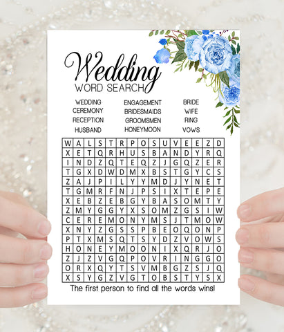 Wedding word search bridal shower game, Ready to Print, blue floral boho chic G 105-19