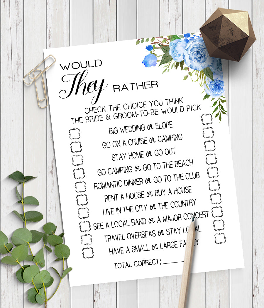 Would They Rather? Bridal Shower game, Ready to Print, blue floral boho chic G 105-20