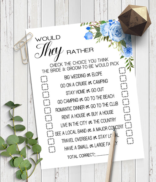 Would They Rather? Bridal Shower game, Ready to Print, blue floral boho chic G 105-20