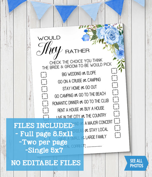 Would They Rather? Bridal Shower game, Ready to Print, blue floral boho chic G 105-20